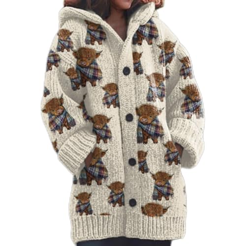 Mfhmom Damen Strickjacke Winter Cardigan Sweaters Weihnachtes 3D Digital Bedruckte Sweaterjackemit Kapuze Warm Sweatshirt Steppjacke Grobstrick Alpaka Langarm Knöpfen Strickpullover Kapuzenjacke von Mfhmom
