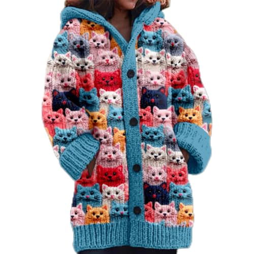 Mfhmom Damen Strickjacke Winter Cardigan Sweaters Weihnachtes 3D Digital Bedruckte Sweaterjackemit Kapuze Warm Sweatshirt Steppjacke Grobstrick Alpaka Langarm Knöpfen Strickpullover Kapuzenjacke von Mfhmom