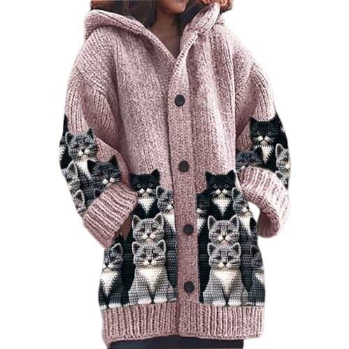Mfhmom Damen Strickjacke Winter Cardigan Sweaters Weihnachtes 3D Digital Bedruckte Sweaterjackemit Kapuze Warm Sweatshirt Steppjacke Grobstrick Alpaka Langarm Knöpfen Strickpullover Kapuzenjacke von Mfhmom
