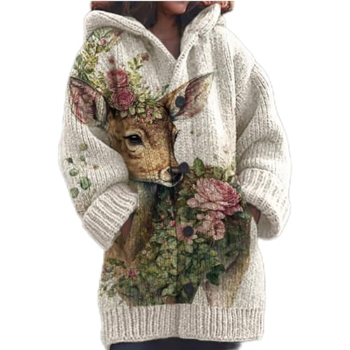 Mfhmom Damen Strickjacke Winter Cardigan Sweaters Weihnachtes 3D Digital Bedruckte Sweaterjackemit Kapuze Warm Sweatshirt Steppjacke Grobstrick Alpaka Langarm Knöpfen Strickpullover Kapuzenjacke von Mfhmom
