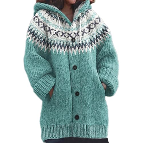 Mfhmom Damen Strickjacke Winter Cardigan Sweaters Weihnachtes 3D Digital Bedruckte Sweaterjackemit Kapuze Warm Sweatshirt Steppjacke Grobstrick Alpaka Langarm Knöpfen Strickpullover Kapuzenjacke von Mfhmom