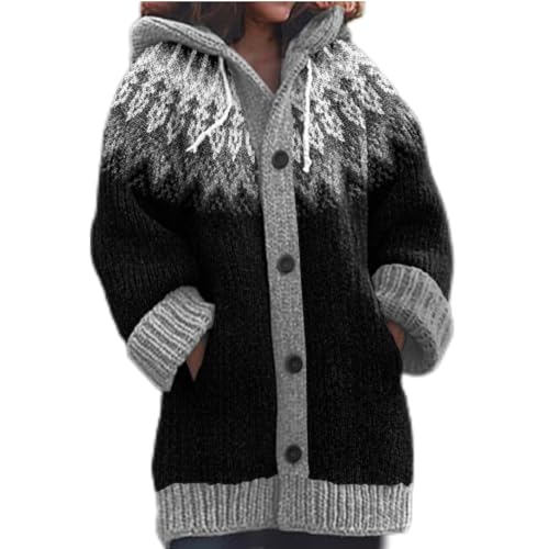 Mfhmom Damen Strickjacke Winter Cardigan Sweaters Weihnachtes 3D Digital Bedruckte Sweaterjackemit Kapuze Warm Sweatshirt Steppjacke Grobstrick Alpaka Langarm Knöpfen Strickpullover Kapuzenjacke von Mfhmom