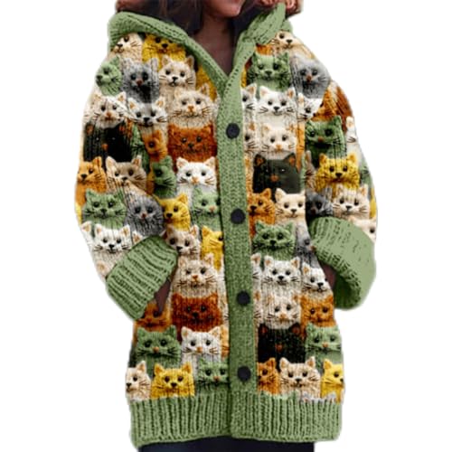 Mfhmom Damen Strickjacke Winter Cardigan Sweaters Weihnachtes 3D Digital Bedruckte Sweaterjackemit Kapuze Warm Sweatshirt Steppjacke Grobstrick Alpaka Langarm Knöpfen Strickpullover Kapuzenjacke von Mfhmom