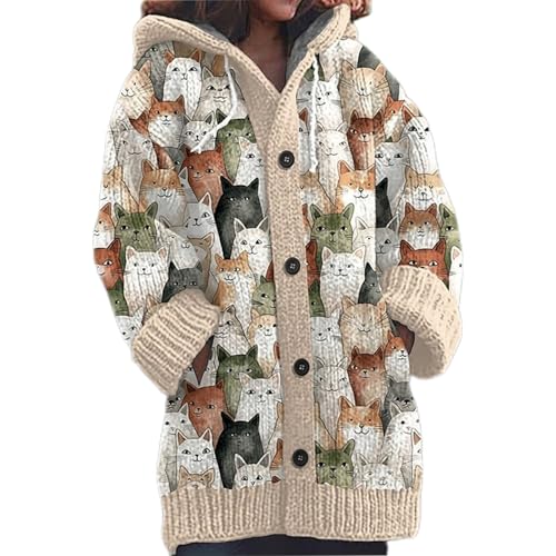 Mfhmom Damen Strickjacke Winter Cardigan Sweaters Weihnachtes 3D Digital Bedruckte Sweaterjackemit Kapuze Warm Sweatshirt Steppjacke Grobstrick Alpaka Langarm Knöpfen Strickpullover Kapuzenjacke von Mfhmom