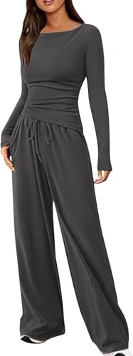Mfhmom Damen Zweiteiler Elegant Oberteil und Hose Set Langarm Top mit U-Boot Ausschnitt Lange Hosen mit Weiten Beinen Hausanzug von Mfhmom