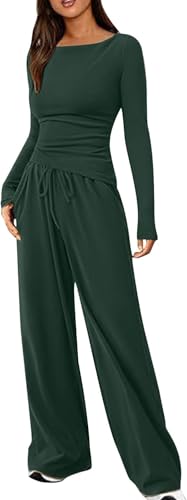 Mfhmom Damen Zweiteiler Elegant Oberteil und Hose Set Langarm Top mit U-Boot Ausschnitt Lange Hosen mit Weiten Beinen Hausanzug von Mfhmom