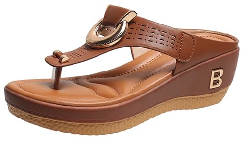 Mfhmom Flip-Flops für Damen mit Keilabsatz, hohe Meer, Hausschuhe für Mädchen, Sommer, Strand, Meer, Pool, Hausschuhe für Damen, zum Wandern, im Freien, rutschfest, Flip Flops, braun, 37 EU von Mfhmom