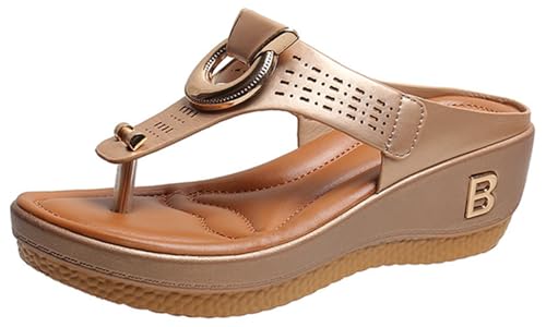 Mfhmom Flip-Flops für Damen mit Keilabsatz, hohe Meer, Hausschuhe für Mädchen, Sommer, Strand, Meer, Pool, Hausschuhe für Damen, zum Wandern, im Freien, rutschfest, Flip Flops, gold, 41 EU von Mfhmom