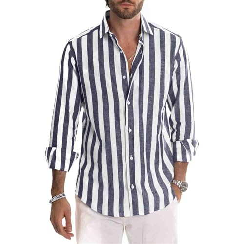 Mfhmom Gestreiftes Hemd Herren Oversized Hemd Langarm Sommer Gestreifte Freizeithemden Casual mit Knöpfen Regular Fit Langarmhemd Baumwolle Sommerhemd Herbsthemd von Mfhmom