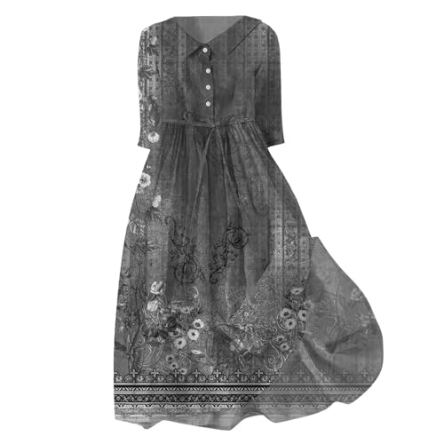 Mfhmom Hemdblusenkleid Damen Luftig Hemdkleid 3/4 Arm Elegant Blumenmuster Blusenkleid Locker Geblümt Kleid Sommerkleid Knielang Falten Fließendes Damenkleider Maxikleid mit Knopfleiste und Gürtel von Mfhmom