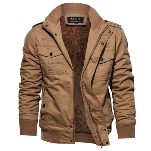 Mfhmom Herren Fleecejacke Warme Jacke Winter Thermojacke Gefüttert Winterjacke Stehkragen Cargo Jacke Übergangsjacke Militär Feldjacke Cargojacke Arbeitsjacke mit Taschen(Khaki,XL) von Mfhmom