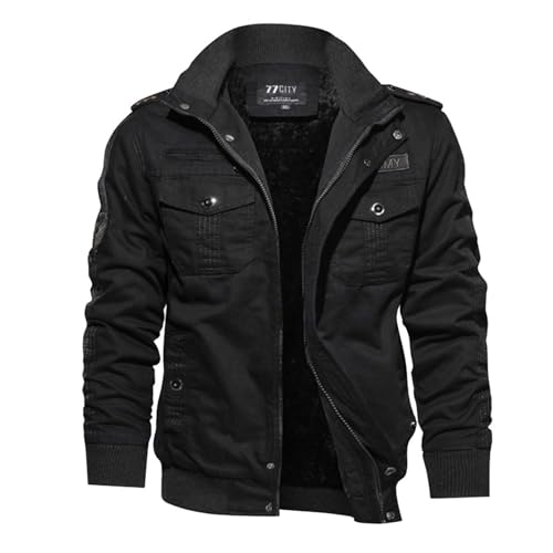 Mfhmom Herren Fleecejacke Warme Jacke Winter Thermojacke Gefüttert Winterjacke Stehkragen Cargo Jacke Übergangsjacke Militär Feldjacke Cargojacke Arbeitsjacke mit Taschen(Schwarz,XL) von Mfhmom