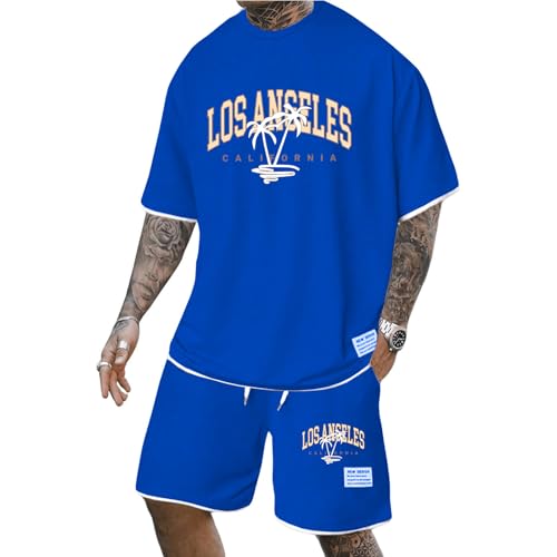 Mfhmom Herren T-Shirt and Shorts 2 Teiliges Sportanzug Palm Los Angeles Print Tracksuit Streetwear Sommer Outfit Trainingsanzug Kurzarm Y2K Hip Hop Schlichter Bequemr Jogginganzug von Mfhmom