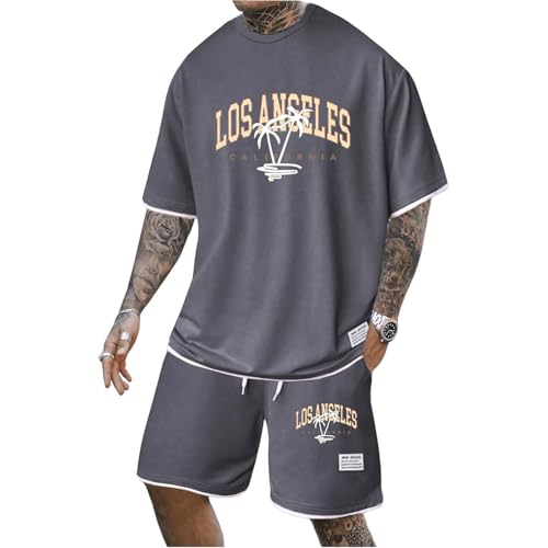 Mfhmom Herren T-Shirt and Shorts 2 Teiliges Sportanzug Palm Los Angeles Print Tracksuit Streetwear Sommer Outfit Trainingsanzug Kurzarm Y2K Hip Hop Schlichter Bequemr Jogginganzug von Mfhmom