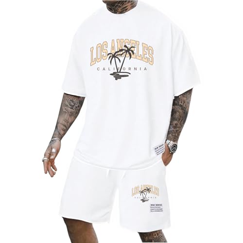 Mfhmom Herren T-Shirt and Shorts 2 Teiliges Sportanzug Palm Los Angeles Print Tracksuit Streetwear Sommer Outfit Trainingsanzug Kurzarm Y2K Hip Hop Schlichter Bequemr Jogginganzug von Mfhmom