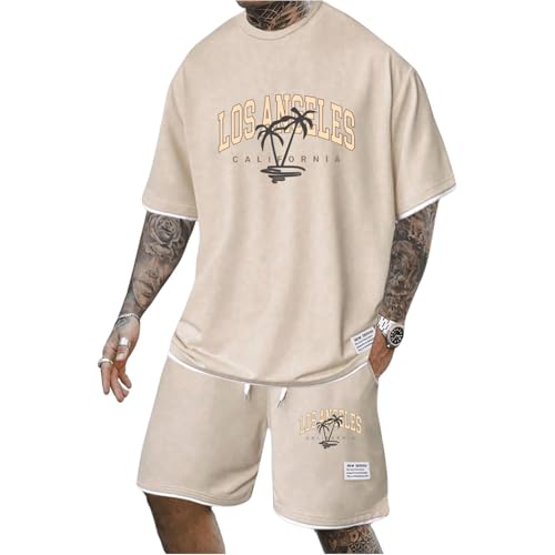 Mfhmom Herren T-Shirt and Shorts 2 Teiliges Sportanzug Palm Los Angeles Print Tracksuit Streetwear Sommer Outfit Trainingsanzug Kurzarm Y2K Hip Hop Schlichter Bequemr Jogginganzug von Mfhmom