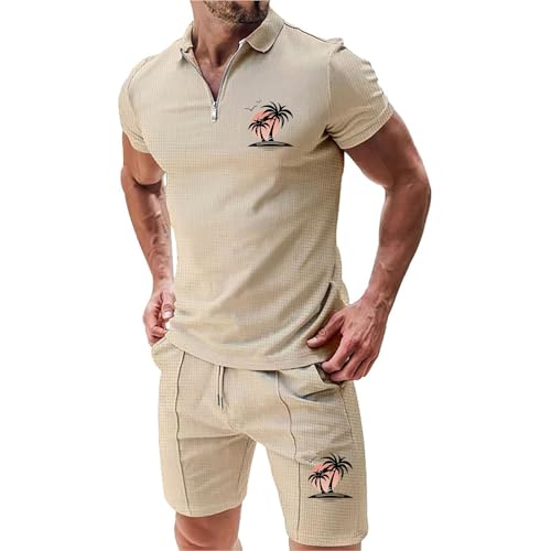 Mfhmom Herren Trainingsanzug Poloshirt und Shorts 2-Teiliges Sommer Outfits Set Palmen Strand Drucken Jogginganzug Business Polo Hemd + Kurze Hose Atmungsaktive Freizeitanzug Sweatsuits Tracksuit von Mfhmom