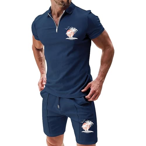 Mfhmom Herren Trainingsanzug Poloshirt und Shorts 2-Teiliges Sommer Outfits Set Palmen Strand Drucken Jogginganzug Business Polo Hemd + Kurze Hose Atmungsaktive Freizeitanzug Sweatsuits Tracksuit von Mfhmom