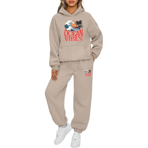 Mfhmom Jogginganzug Damen Oversized Buchstaben-Stranddruck Trainingsanzug Baumwolle Kapuzenpullover Baumwolle Kapuzenpullover Baggy Jogginghose Sportanzug Set Stilvoller Hoodie Tracksuit Set von Mfhmom