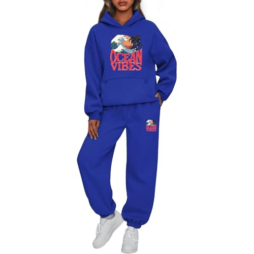 Mfhmom Jogginganzug Damen Oversized Buchstaben-Stranddruck Trainingsanzug Baumwolle Kapuzenpullover Baumwolle Kapuzenpullover Baggy Jogginghose Sportanzug Set Stilvoller Hoodie Tracksuit Set von Mfhmom