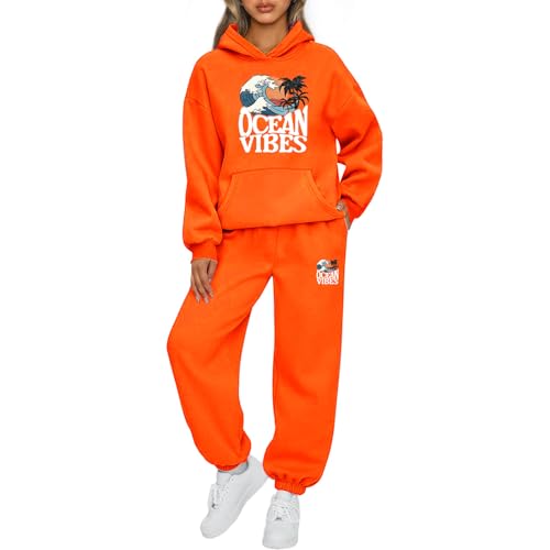 Mfhmom Jogginganzug Damen Oversized Buchstaben-Stranddruck Trainingsanzug Baumwolle Kapuzenpullover Baumwolle Kapuzenpullover Baggy Jogginghose Sportanzug Set Stilvoller Hoodie Tracksuit Set von Mfhmom