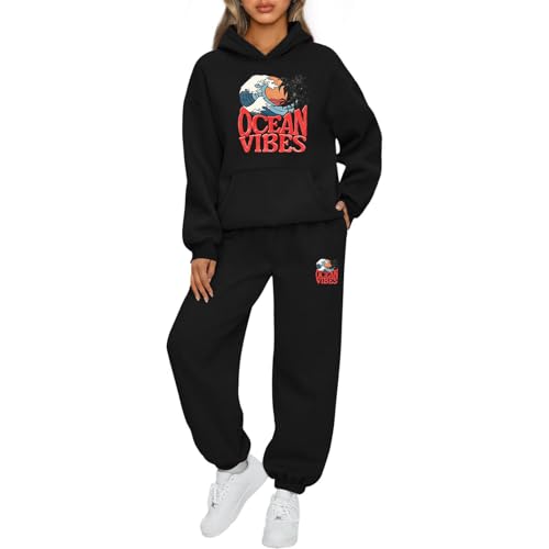 Mfhmom Jogginganzug Damen Oversized Buchstaben-Stranddruck Trainingsanzug Baumwolle Kapuzenpullover Baumwolle Kapuzenpullover Baggy Jogginghose Sportanzug Set Stilvoller Hoodie Tracksuit Set von Mfhmom