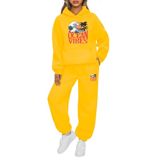 Mfhmom Jogginganzug Damen Oversized Buchstaben-Stranddruck Trainingsanzug Baumwolle Kapuzenpullover Baumwolle Kapuzenpullover Baggy Jogginghose Sportanzug Set Stilvoller Hoodie Tracksuit Set von Mfhmom