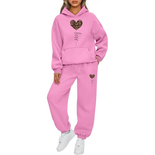 Mfhmom Jogginganzug Damen Set Cute Hoodie und Jogginghose Trainingsanzug Set mit Leoparden Herz Grafik Sport Hosenanzug Casual Jogger 2-Teilige Freizeitanzug Fitness Set Sportanzug Hausanzug von Mfhmom