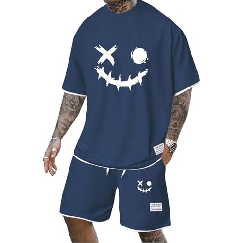 Mfhmom Jogginganzug Herren Outfit Komplett Set Sommer Trainingsanzug Set 2 Teiliges Sport Smiley-Druck Kurzarm T-Shirt + Kurze Hose Sets Freizeitanzug Rundhals Oberteile Shorts Sportanzug Streatwear von Mfhmom