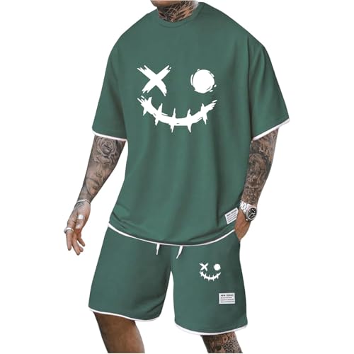 Mfhmom Jogginganzug Herren Outfit Komplett Set Sommer Trainingsanzug Set 2 Teiliges Sport Smiley-Druck Kurzarm T-Shirt + Kurze Hose Sets Freizeitanzug Rundhals Oberteile Shorts Sportanzug Streatwear von Mfhmom