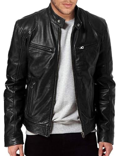 Mfhmom Lederjacke Herren Braun Langarm Schwarz Lederjacke mit Reißverschluss Elegante Bikerjacke Männerlederjacke mit Stehkragen Übergangsjacke Vintage Motorrad Jacken von Mfhmom