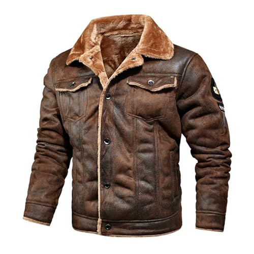 Mfhmom Lederjacken Herren Vintage mit Fellkragen Dicke Warm Ledermantel Stehkragen Motorrad Militär Kunstlederjacke Bomberjacke Gefüttert Blouson Motorradjacke Übergangsjacke Winddicht Wintermantel von Mfhmom