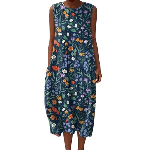 Mfhmom Musselin Kleid Damen Falten Leinen Sommerkleid Casual Rundhals Vintage Blumendruck Knielang Strandkleid Baumwolle Ärmellos Kleid Leichte Luftige Leinenkleid Freizeitkleid mit Taschen von Mfhmom