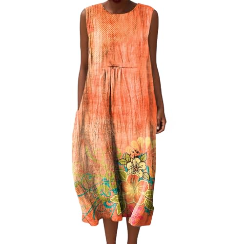 Mfhmom Musselin Kleid Damen Falten Leinen Sommerkleid Casual Rundhals Vintage Blumendruck Knielang Strandkleid Baumwolle Ärmellos Kleid Leichte Luftige Leinenkleid Freizeitkleid mit Taschen von Mfhmom