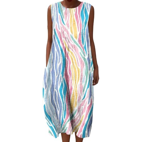 Mfhmom Musselin Kleid Damen Falten Leinen Sommerkleid Casual Rundhals Vintage Blumendruck Knielang Strandkleid Retro Ärmellos Kleid Leichte Luftige Leinenkleid Freizeitkleid mit Taschen von Mfhmom