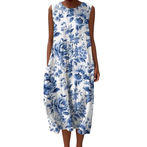 Mfhmom Musselin Kleid Damen Falten Leinen Sommerkleid Casual Rundhals Vintage Blumendruck Knielang Strandkleid Baumwolle Ärmellos Kleid Leichte Luftige Leinenkleid Freizeitkleid mit Taschen von Mfhmom