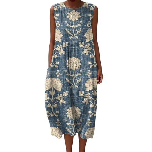 Mfhmom Musselin Kleid Damen Falten Leinen Sommerkleid Casual Rundhals Vintage Blumendruck Knielang Strandkleid Baumwolle Ärmellos Kleid Leichte Luftige Leinenkleid Freizeitkleid mit Taschen von Mfhmom