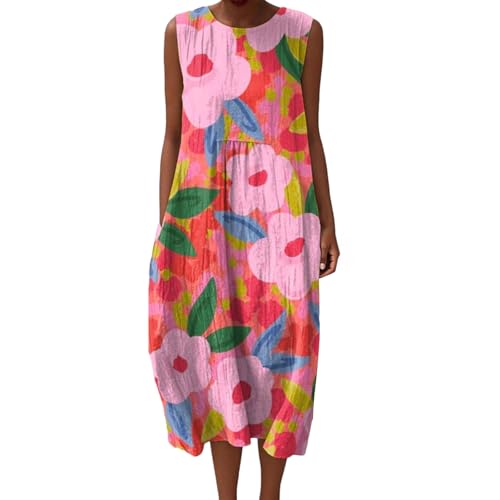 Mfhmom Musselin Kleid Damen Falten Leinen Sommerkleid Casual Rundhals Vintage Blumendruck Knielang Strandkleid Baumwolle Ärmellos Kleid Leichte Luftige Leinenkleid Freizeitkleid mit Taschen von Mfhmom
