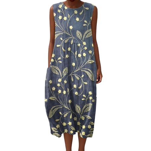 Mfhmom Musselin Kleid Damen Falten Leinen Sommerkleid Casual Rundhals Vintage Blumendruck Knielang Strandkleid Baumwolle Ärmellos Kleid Leichte Luftige Leinenkleid Freizeitkleid mit Taschen von Mfhmom