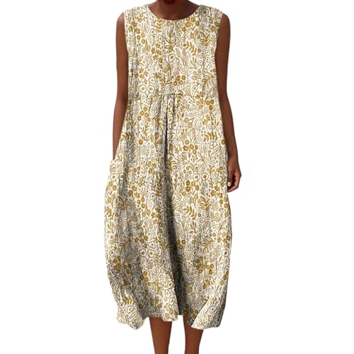 Mfhmom Musselin Kleid Damen Falten Leinen Sommerkleid Casual Rundhals Vintage Blumendruck Knielang Strandkleid Baumwolle Ärmellos Kleid Leichte Luftige Leinenkleid Freizeitkleid mit Taschen von Mfhmom