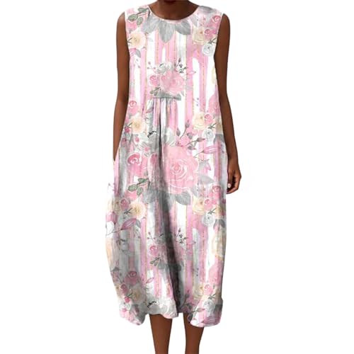 Mfhmom Musselin Kleid Damen Falten Leinen Sommerkleid Casual Rundhals Vintage Blumendruck Knielang Strandkleid Baumwolle Ärmellos Kleid Leichte Luftige Leinenkleid Freizeitkleid mit Taschen von Mfhmom