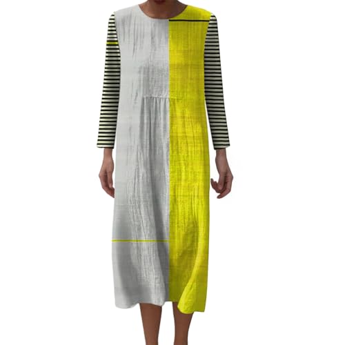 Mfhmom Musselin Kleid Damen Falten Locker Langarm Herbstkleid Leinen Sommerkleid Rundhals Große Größen Leinenkleid Vintage Blumendruck Freizeitkleid Leicht Luftig Midikleid mit Taschen von Mfhmom