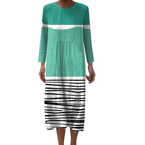 Mfhmom Musselin Kleid Damen Falten Locker Langarm Herbstkleid Leinen Sommerkleid Rundhals Große Größen Leinenkleid Vintage Blumendruck Freizeitkleid Leicht Luftig Midikleid mit Taschen von Mfhmom