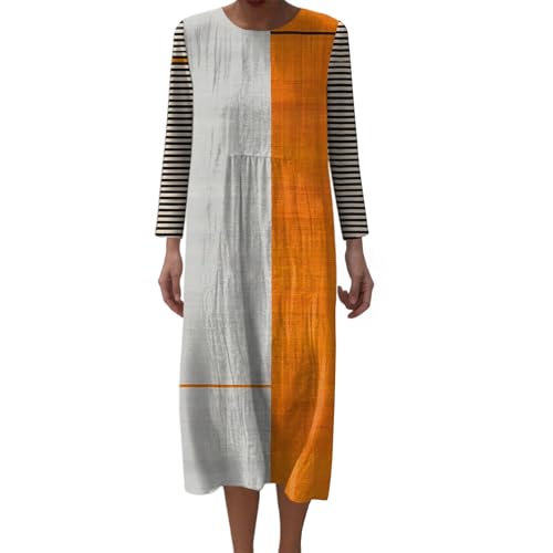 Mfhmom Musselin Kleid Damen Falten Locker Langarm Herbstkleid Leinen Sommerkleid Rundhals Große Größen Leinenkleid Vintage Blumendruck Freizeitkleid Leicht Luftig Midikleid mit Taschen von Mfhmom
