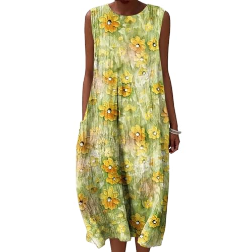 Mfhmom Musselin Kleid Damen Falten Sommerkleid Casual Rundhals Vintage Blumendruck Knielang Strandkleid Bequem Ärmellos Kleid Leichte Luftige Midikleid Freizeitkleid mit Taschen von Mfhmom