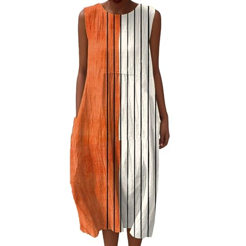 Mfhmom Musselin Kleid Damen Falten Sommerkleid Casual Rundhals Vintage Blumendruck Knielang Strandkleid Baumwolle Ärmellos Kleider Leichte Luftige Flowy Kleid Freizeitkleid mit Taschen von Mfhmom