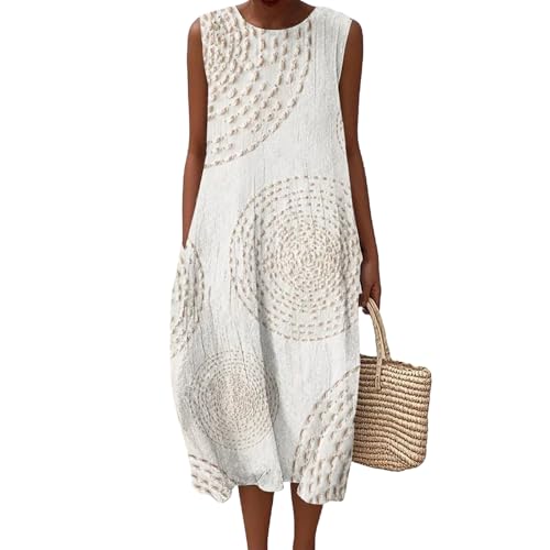 Mfhmom Musselin Kleid Damen Leicht und Luftig Leinen Sommerkleid Ärmellos Rundhals Strandkleid Casual Knielang Midikleid Vintage Blumendruck Baumwolle Falten Leinenkleid Freizeitkleid Mit Taschen von Mfhmom