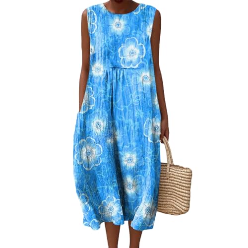 Mfhmom Musselin Kleid Damen Leicht und Luftig Leinen Sommerkleid Ärmellos Rundhals Strandkleid Casual Knielang Midikleid Vintage Blumendruck Baumwolle Falten Leinenkleid Freizeitkleid Mit Taschen von Mfhmom