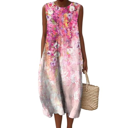 Mfhmom Musselin Kleid Damen Leicht und Luftig Leinen Sommerkleid Ärmellos Rundhals Strandkleid Casual Knielang Midikleid Vintage Blumendruck Baumwolle Falten Leinenkleid Freizeitkleid Mit Taschen von Mfhmom