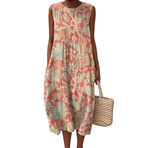 Mfhmom Musselin Kleid Damen Leicht und Luftig Leinen Sommerkleid Ärmellos Rundhals Strandkleid Casual Knielang Midikleid Vintage Blumendruck Baumwolle Falten Leinenkleid Freizeitkleid Mit Taschen von Mfhmom